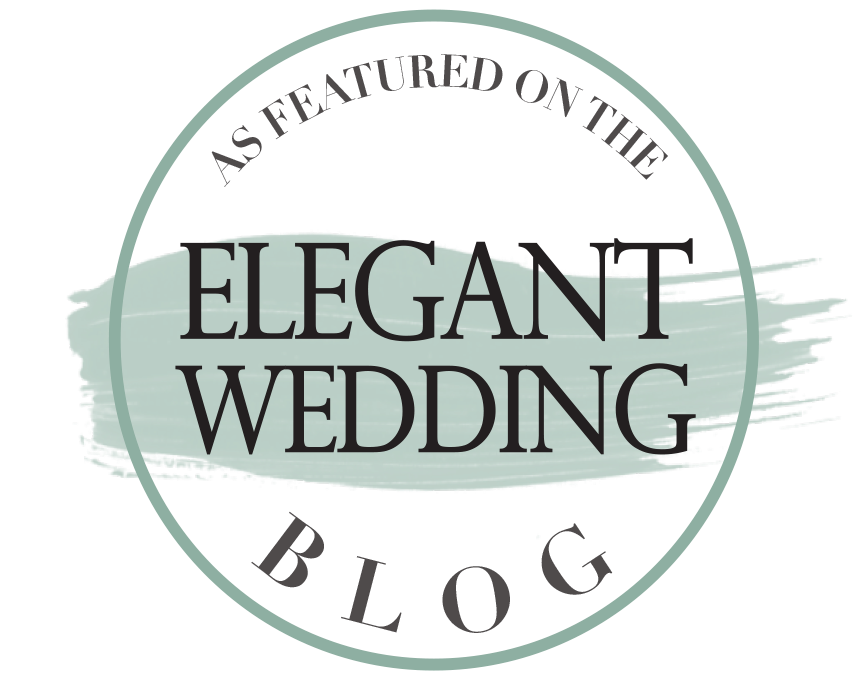 Wedding blog feature badge with elegant mint green circular design.