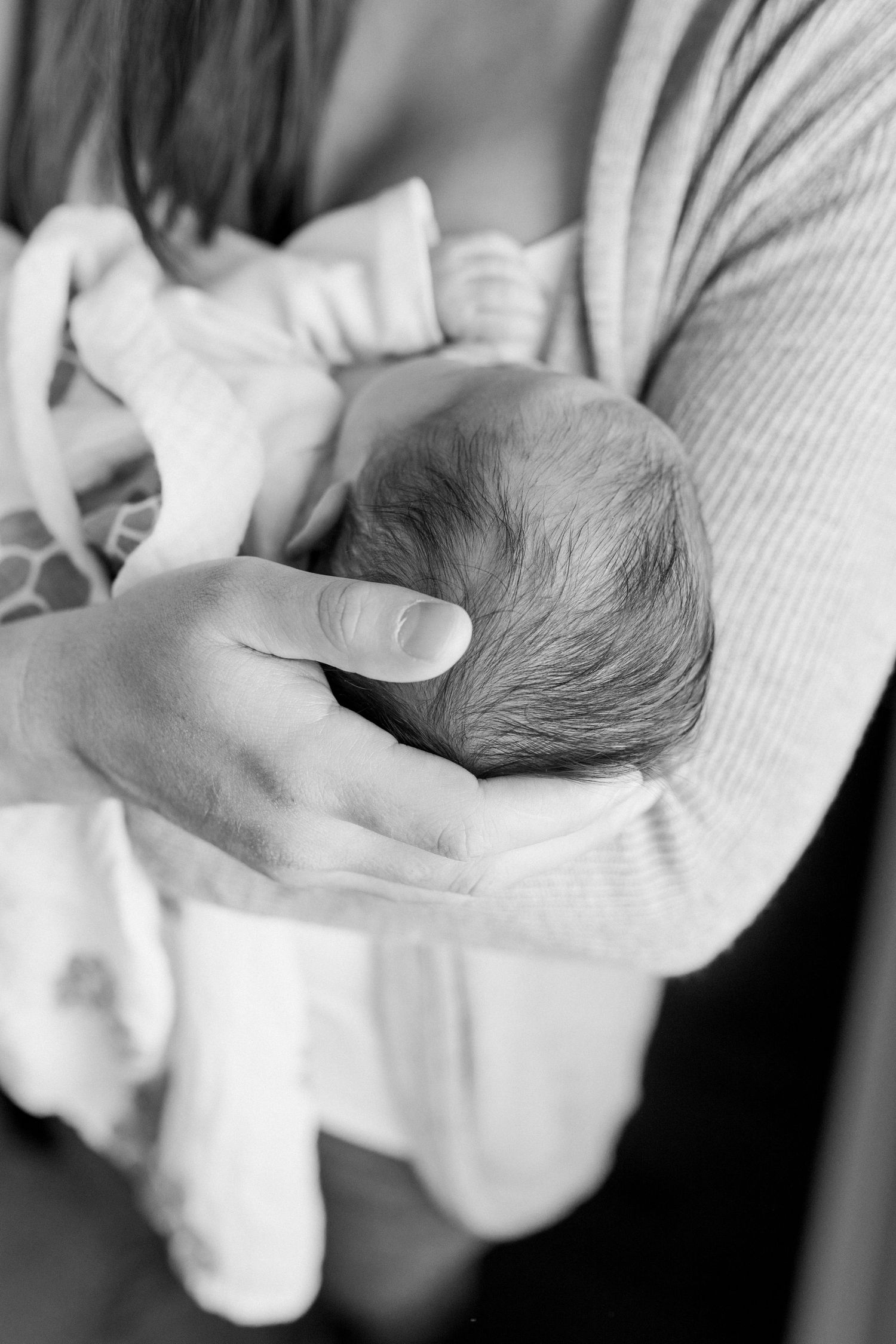 Black and white close-up of gentle hands cradling newborn.