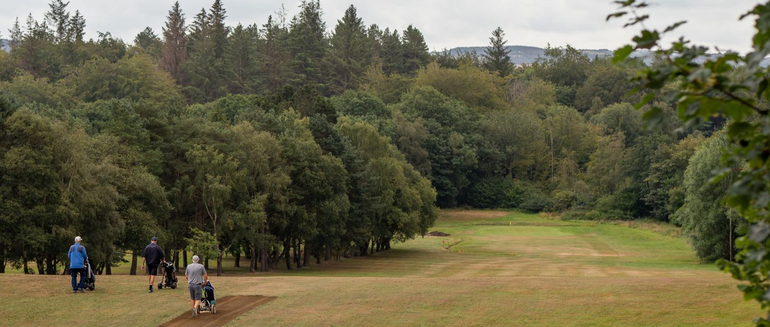 Golfers walking on a lush green fairway surrounded by dense trees on an overcast day.