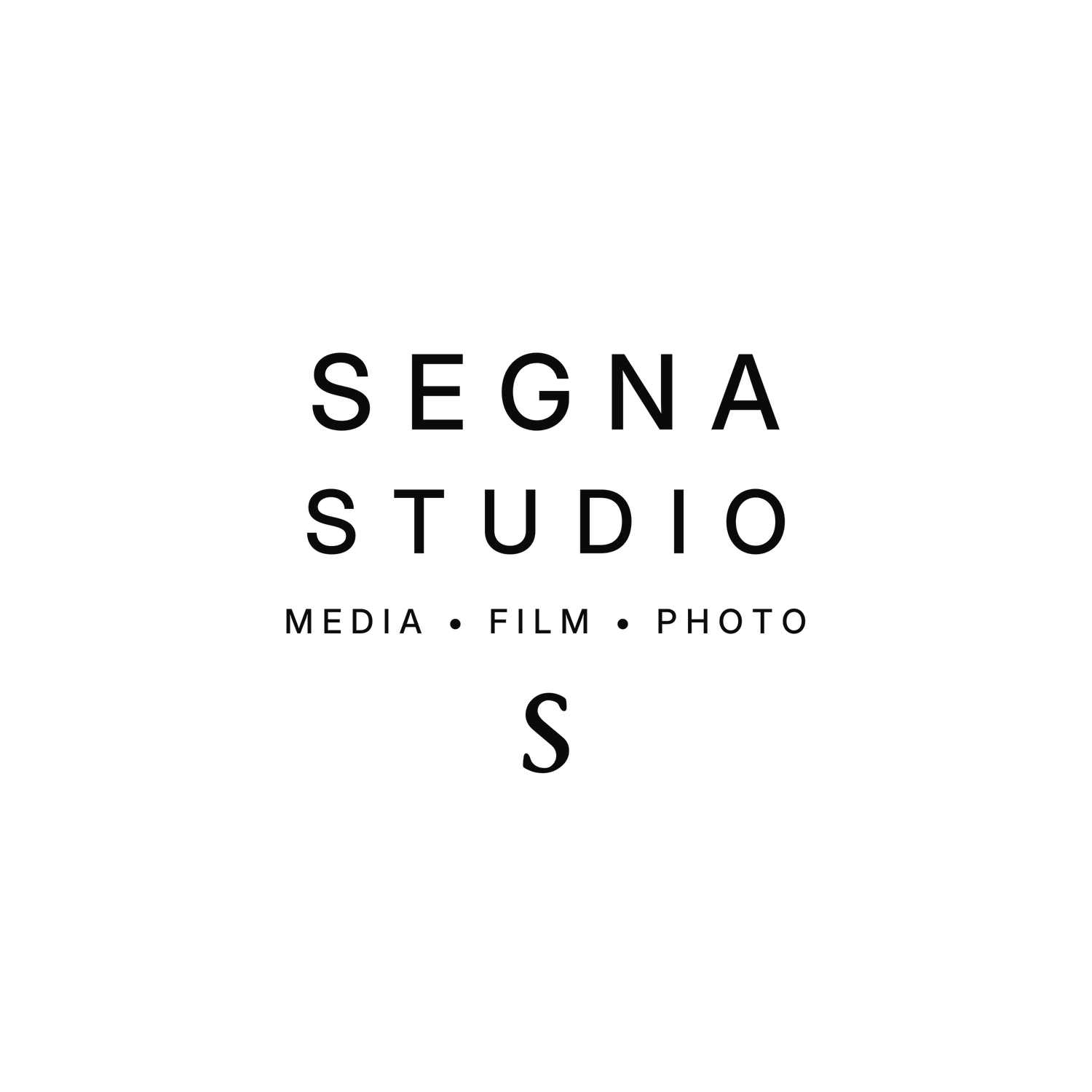 Segna Studio media film and photo production company minimalist black and white logo design.