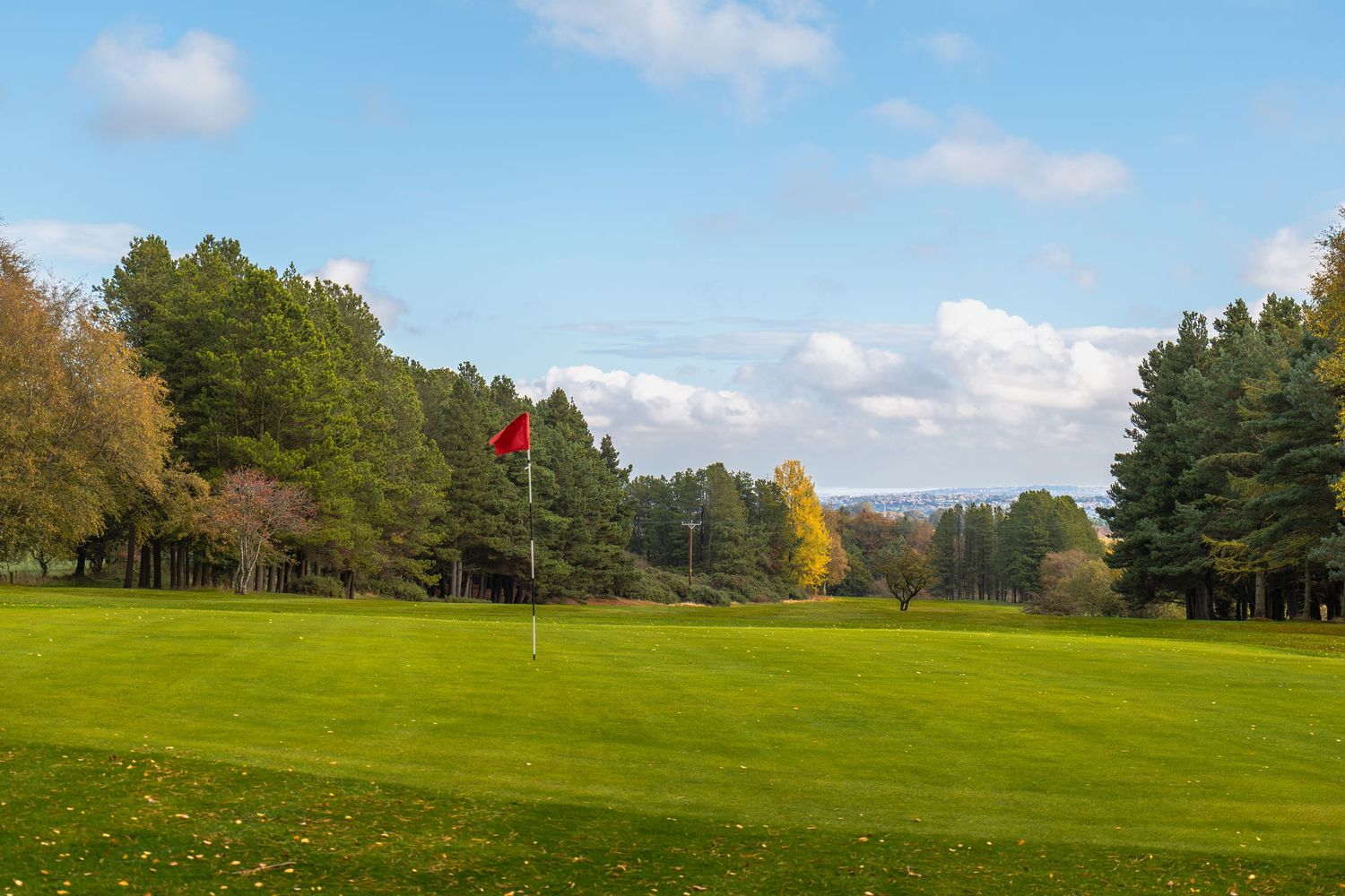 Golf course green with a red flag on the pin, surrounded by autumn trees under a blue sky with scattered clouds.