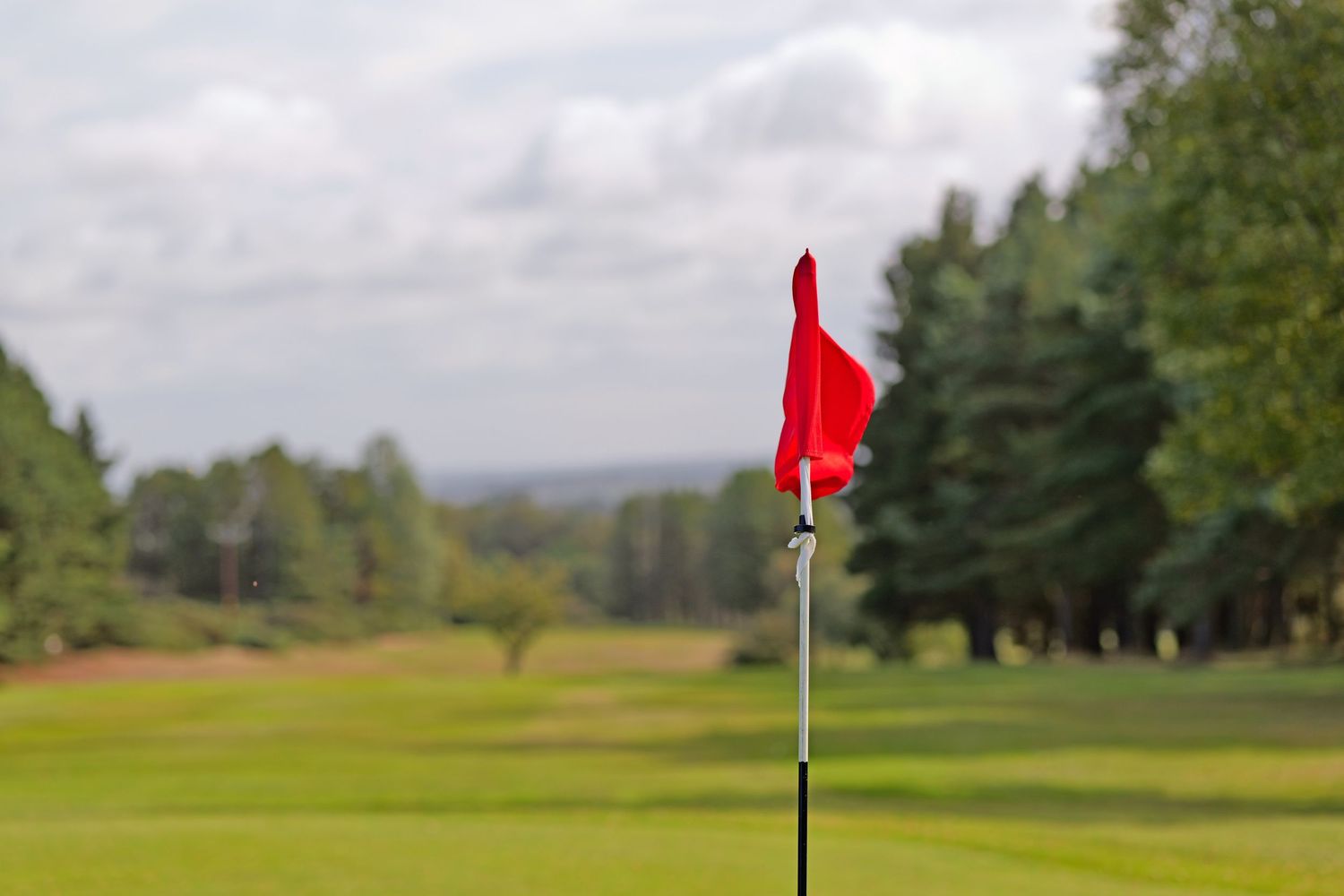 Red golf flag on a pin marking a hole on a lush green golf course fairway.