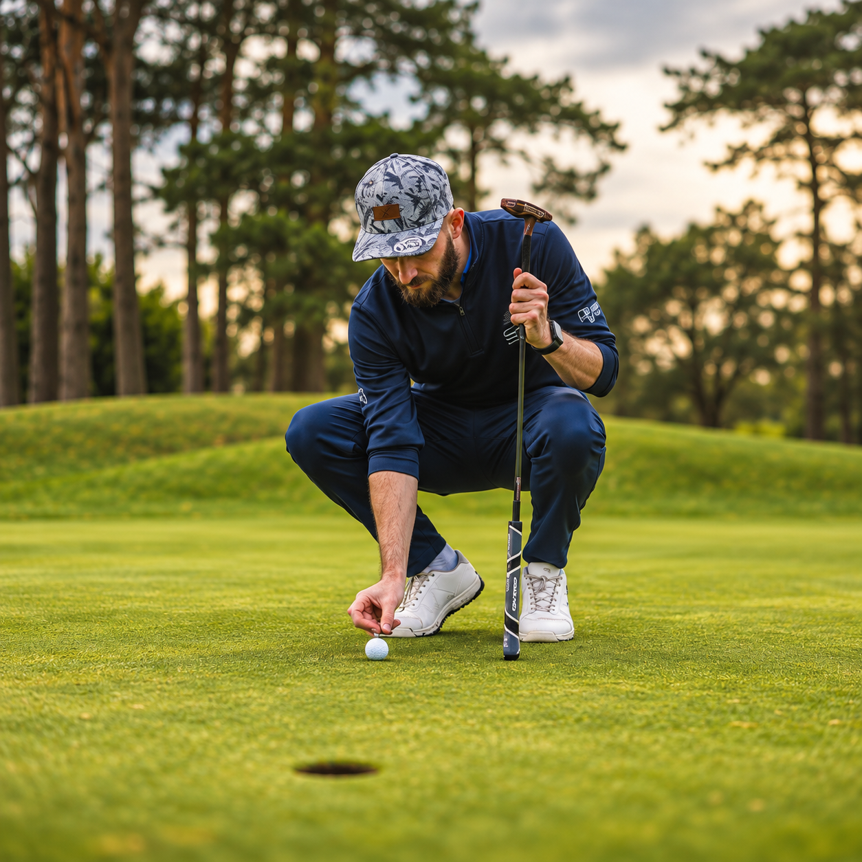 Male golfer crouching to place golf ball on green near hole, holding club at sunset on golf course.
