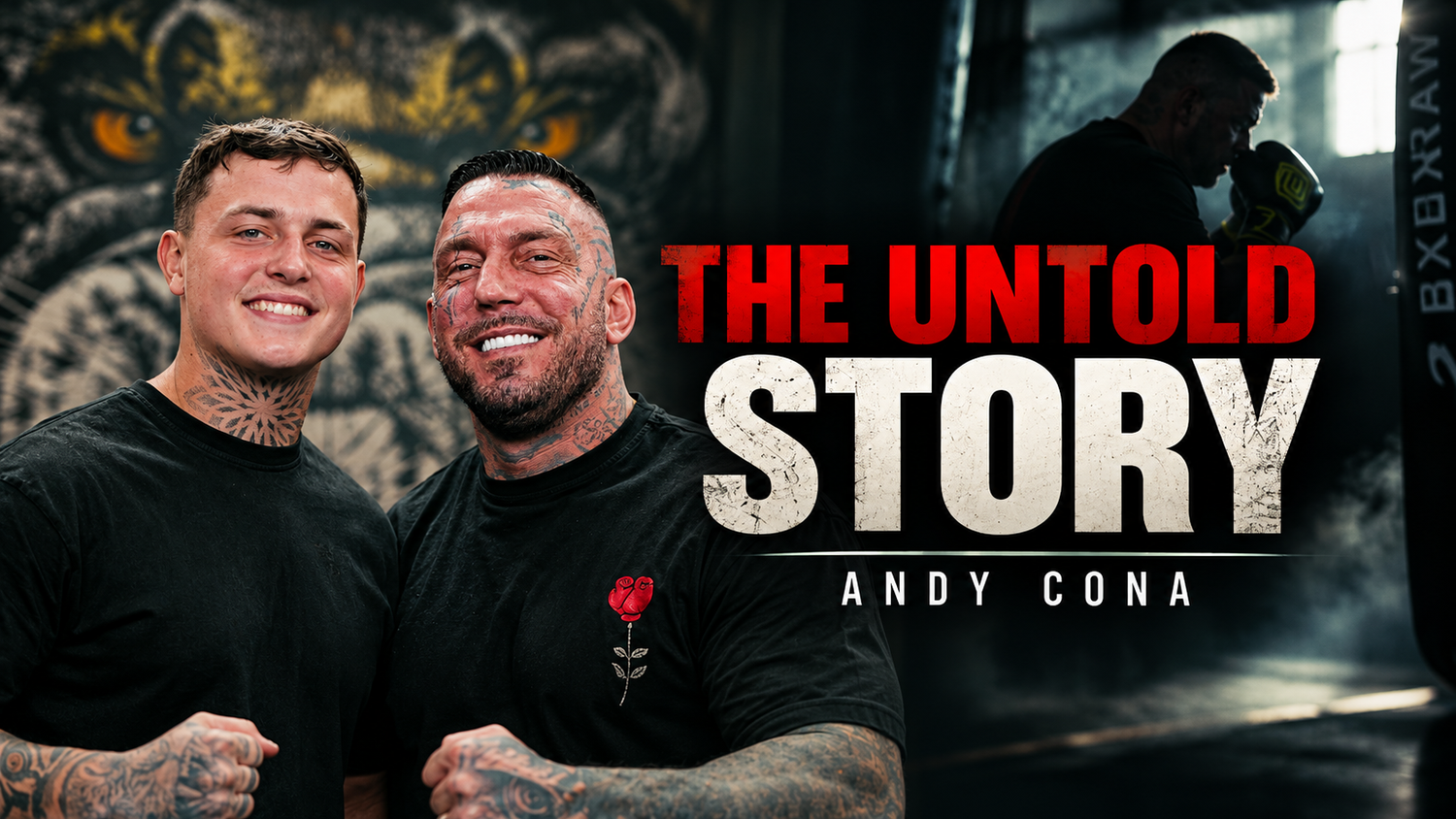 Two smiling tattooed men in black shirts pose together in front of a tiger mural beside the text The Untold Story Andy Cona.