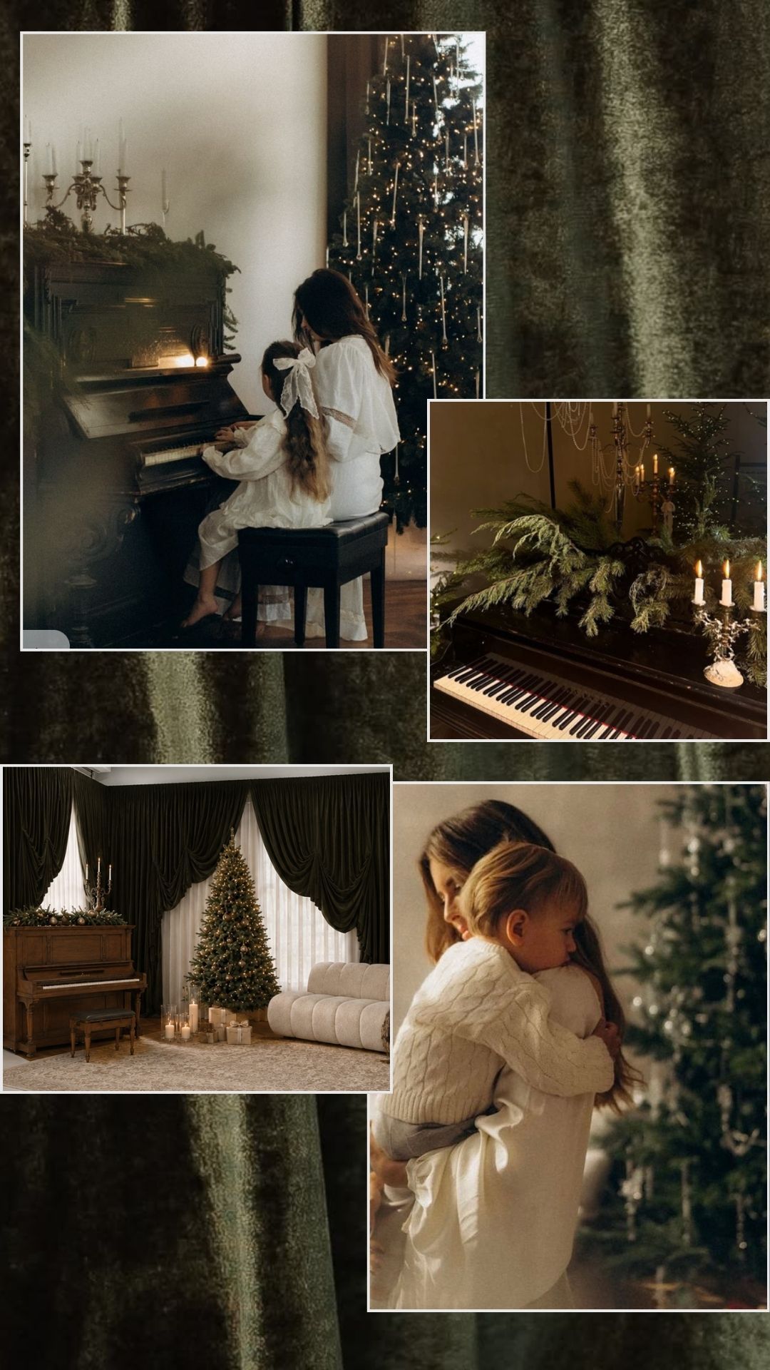 A festive Christmas collage featuring a girl playing piano, candles, a decorated tree, and a warm mother-daughter embrace.