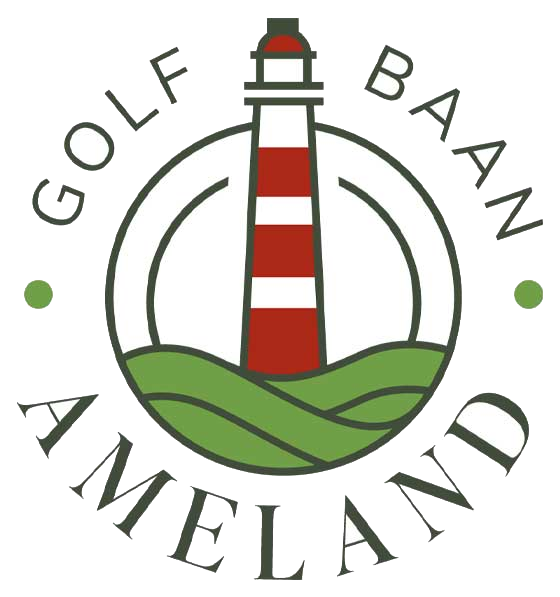 Golfbaan Ameland circular logo featuring a red and white striped lighthouse surrounded by green hills.