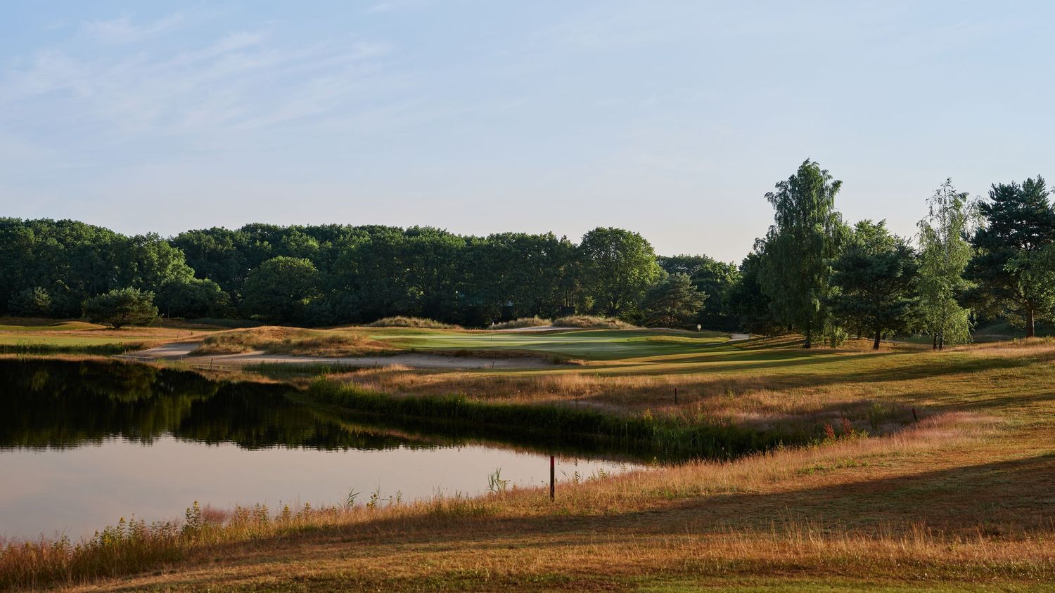 A tranquil golf course with a reflective pond surrounded by trees and dry grass under blue sky.