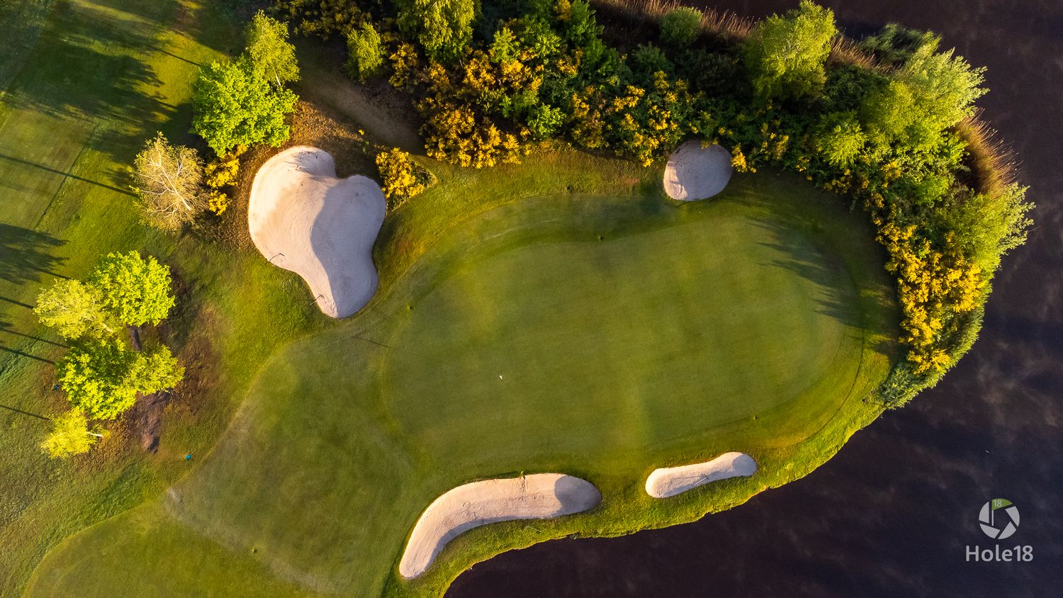 Top-down aerial view of a golf green surrounded by large white sand bunkers and trees.