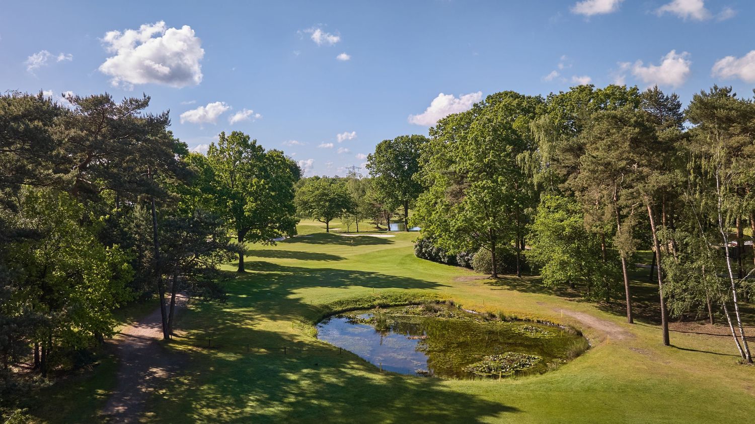Scenic aerial view of a golf course fairway with a small pond and dense trees.
