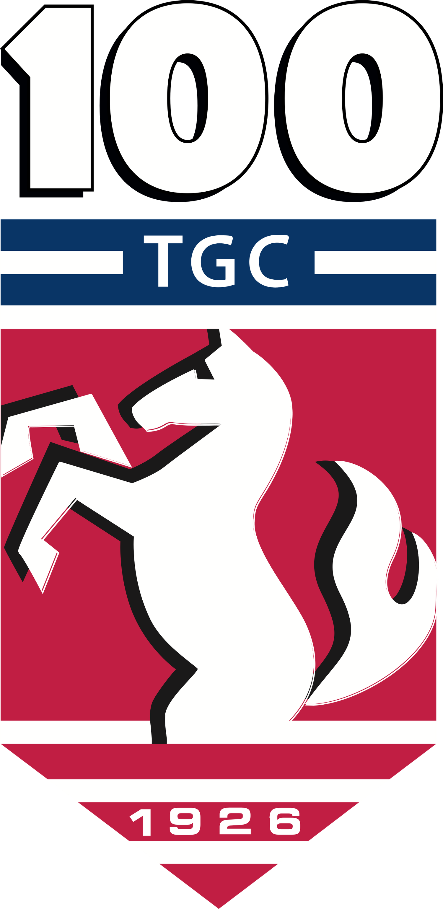TGC golf club 100th anniversary logo featuring a rearing white horse on red shield with founding year 1926.