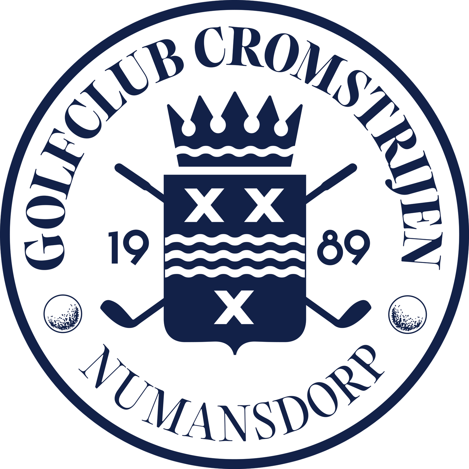 Golfclub Cromstrijen Numansdorp circular navy blue logo featuring a crown, crossed clubs, and founding year 1989.