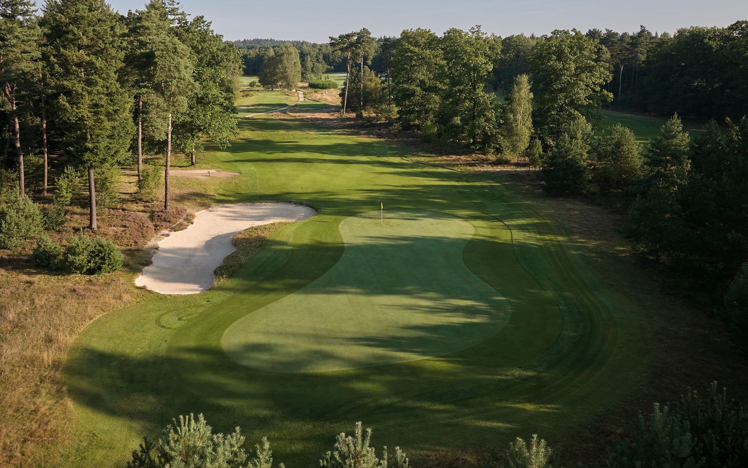 Elevated view of a tree-lined golf fairway with a large sand bunker in a forest setting.