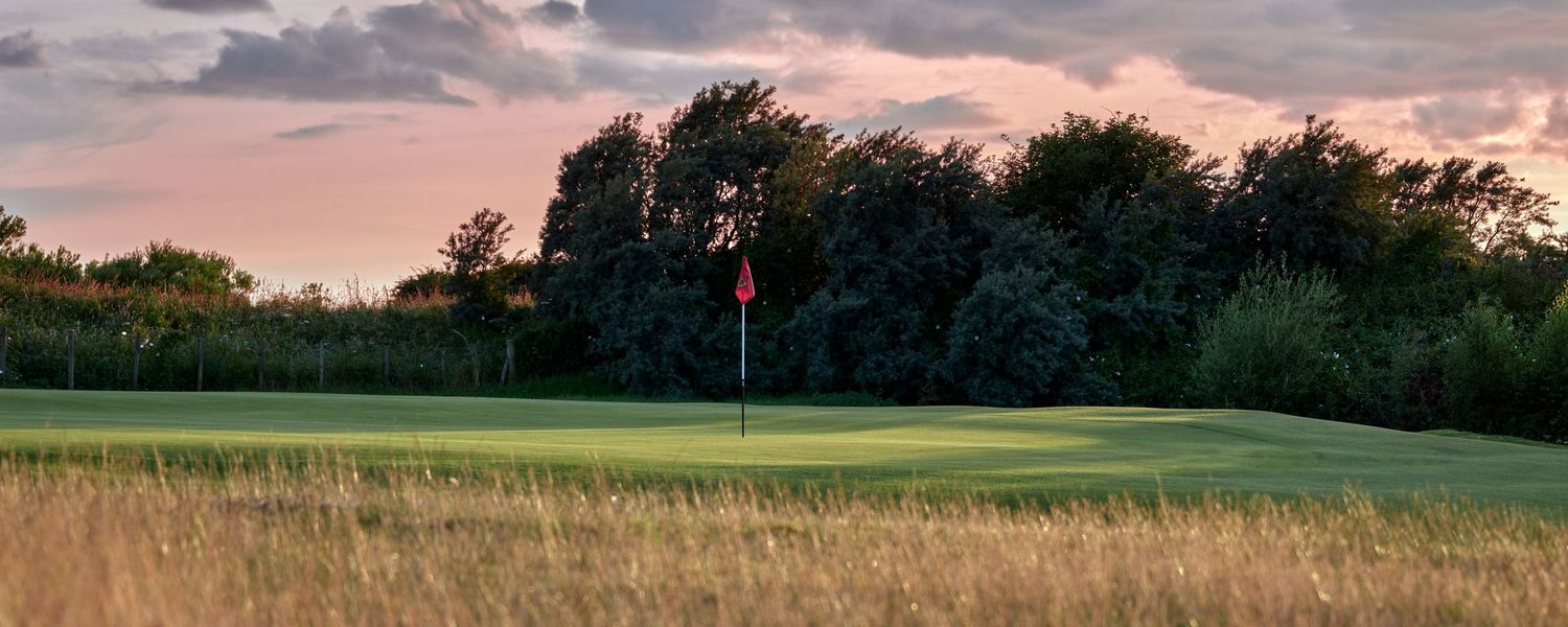 Golf hole at dusk with red flag, lush green fairway surrounded by tall grass and trees under a pink sunset sky.