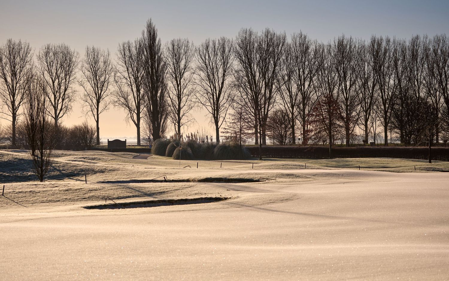 Snow-covered golf course fairway with bare winter trees lining the horizon at dusk.