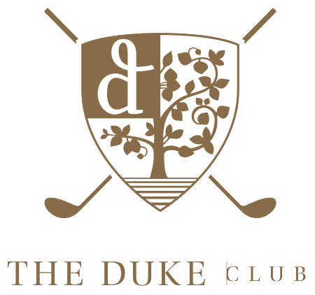 The Duke Club golf logo featuring a gold shield emblem with crossed golf clubs and decorative tree design.
