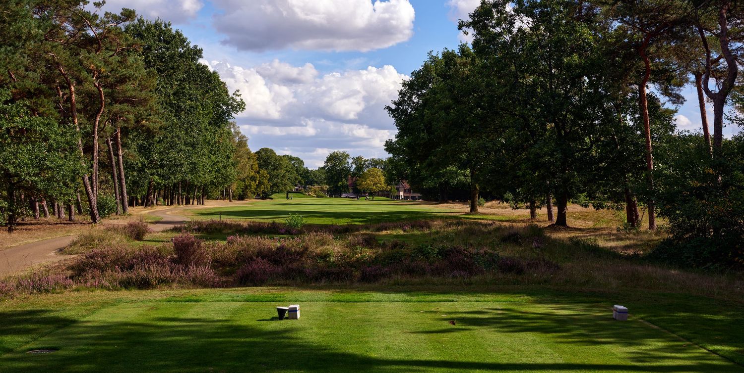 Tree-lined golf course fairway with heathland rough and tee box under partly cloudy sky.
