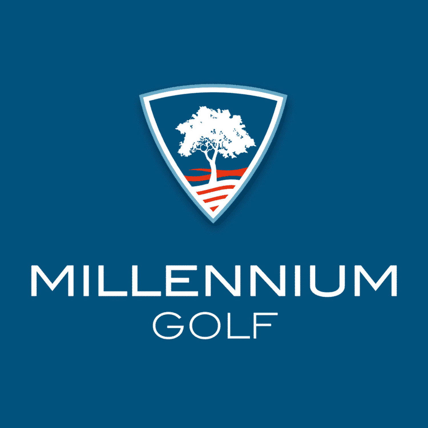 Millennium Golf logo featuring a white tree on blue and red shield against a dark blue background.
