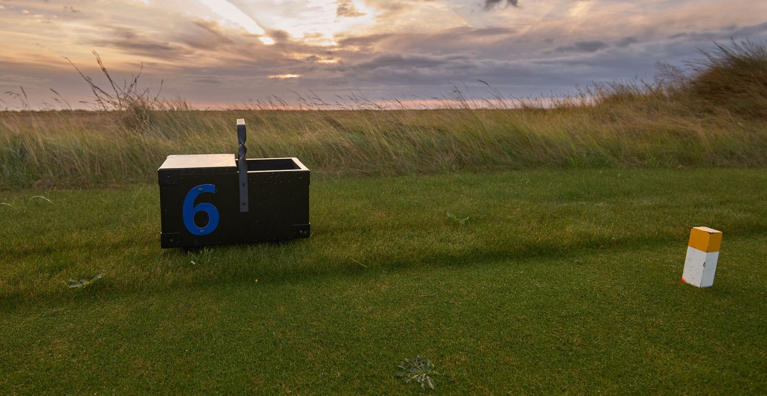 Hole 6 tee box marker on a coastal golf course at sunset with tall grass and sea views.