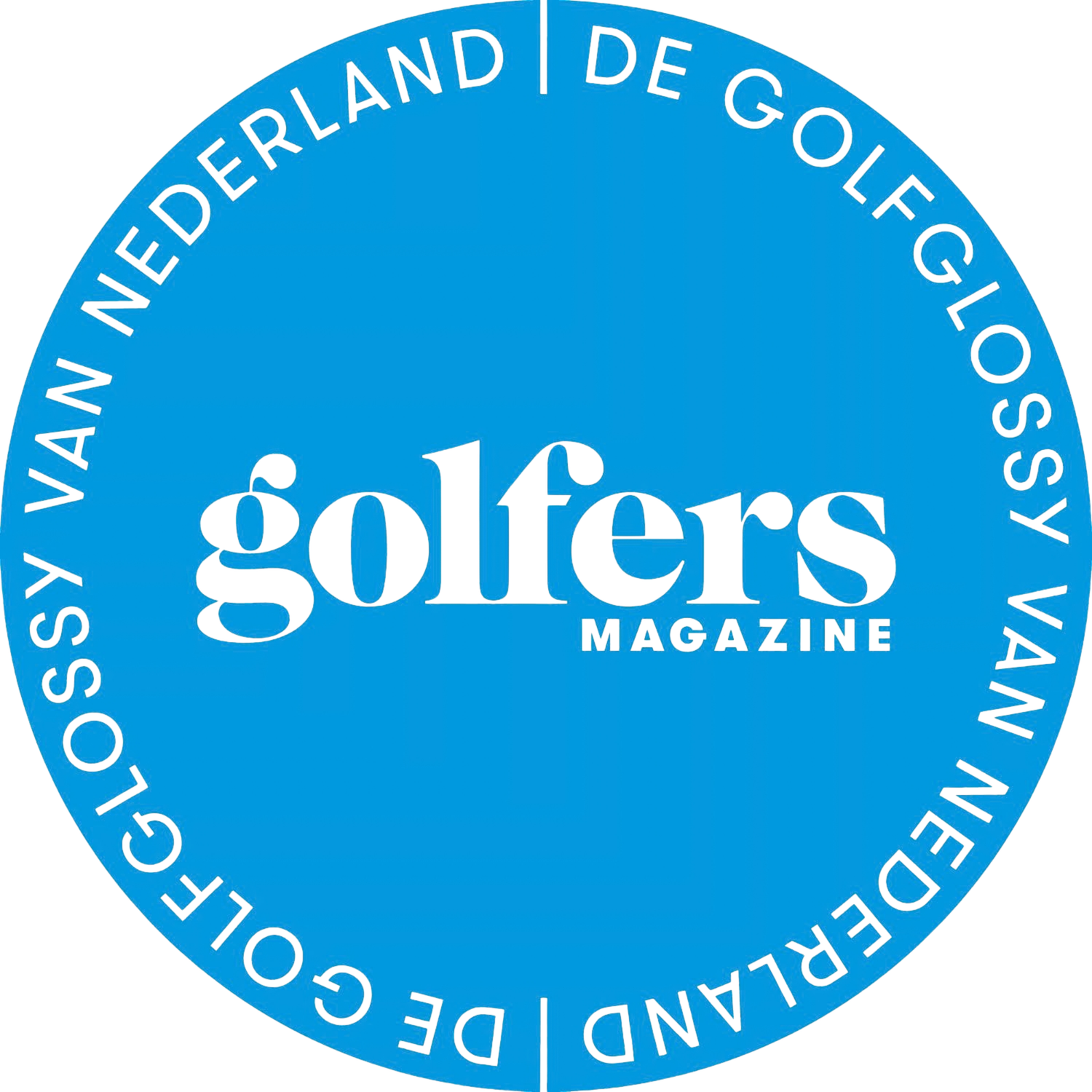 Golfers Magazine circular blue badge logo with text De Golfglossy Van Nederland around the border.