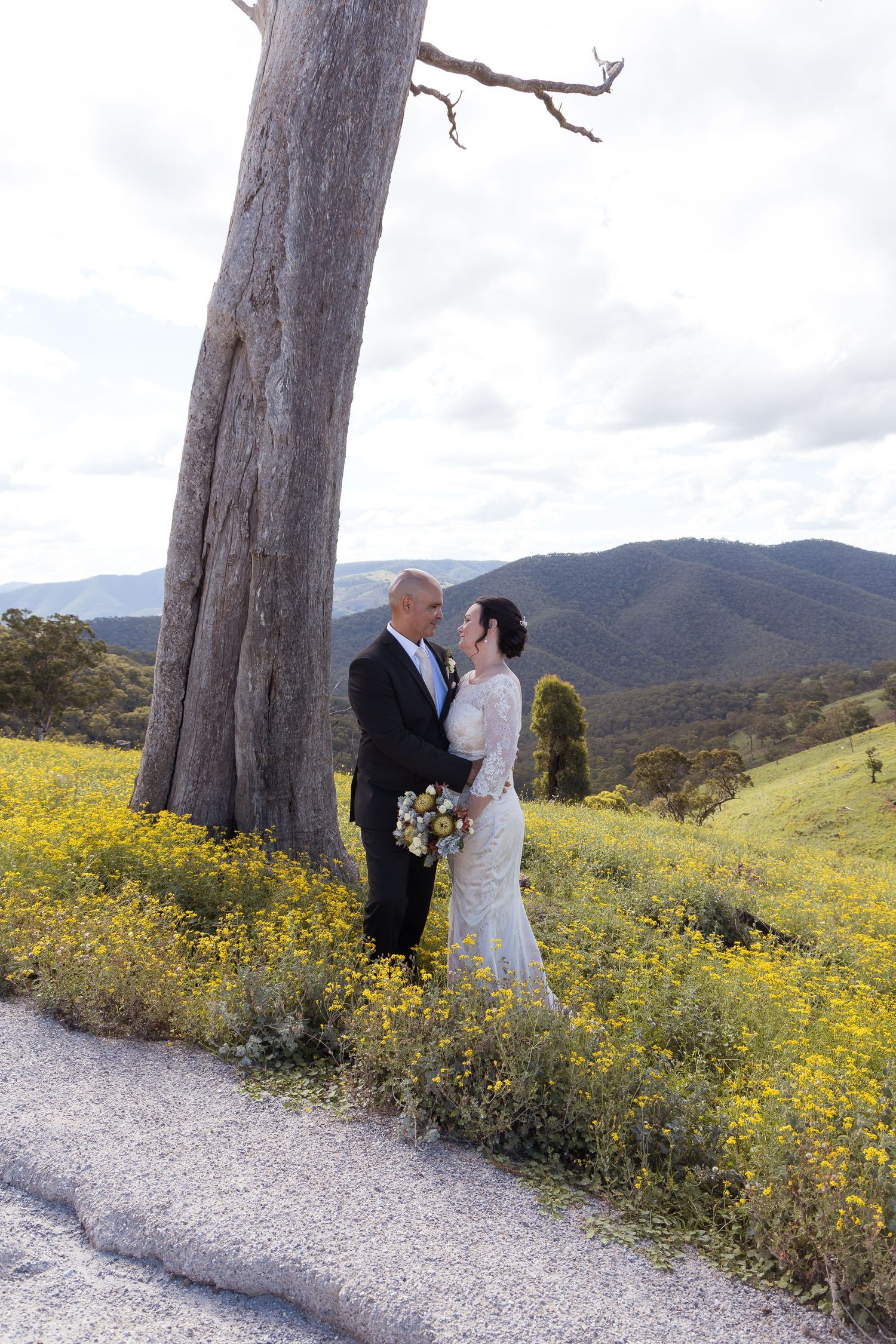 Bride and groom share a romantic moment under a tall gum tree surrounded by yellow wildflowers and mountains.