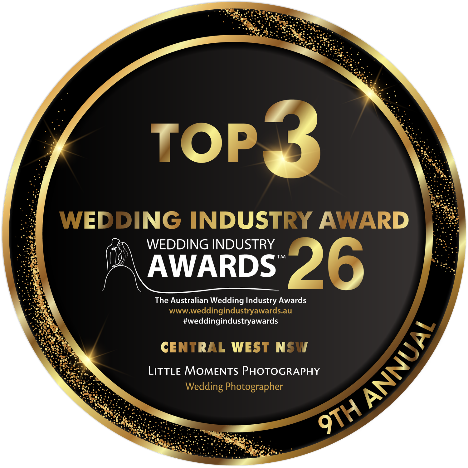Top 3 Wedding Industry Awards 2026 badge for Little Moments Photography, Central West NSW, 9th Annual.