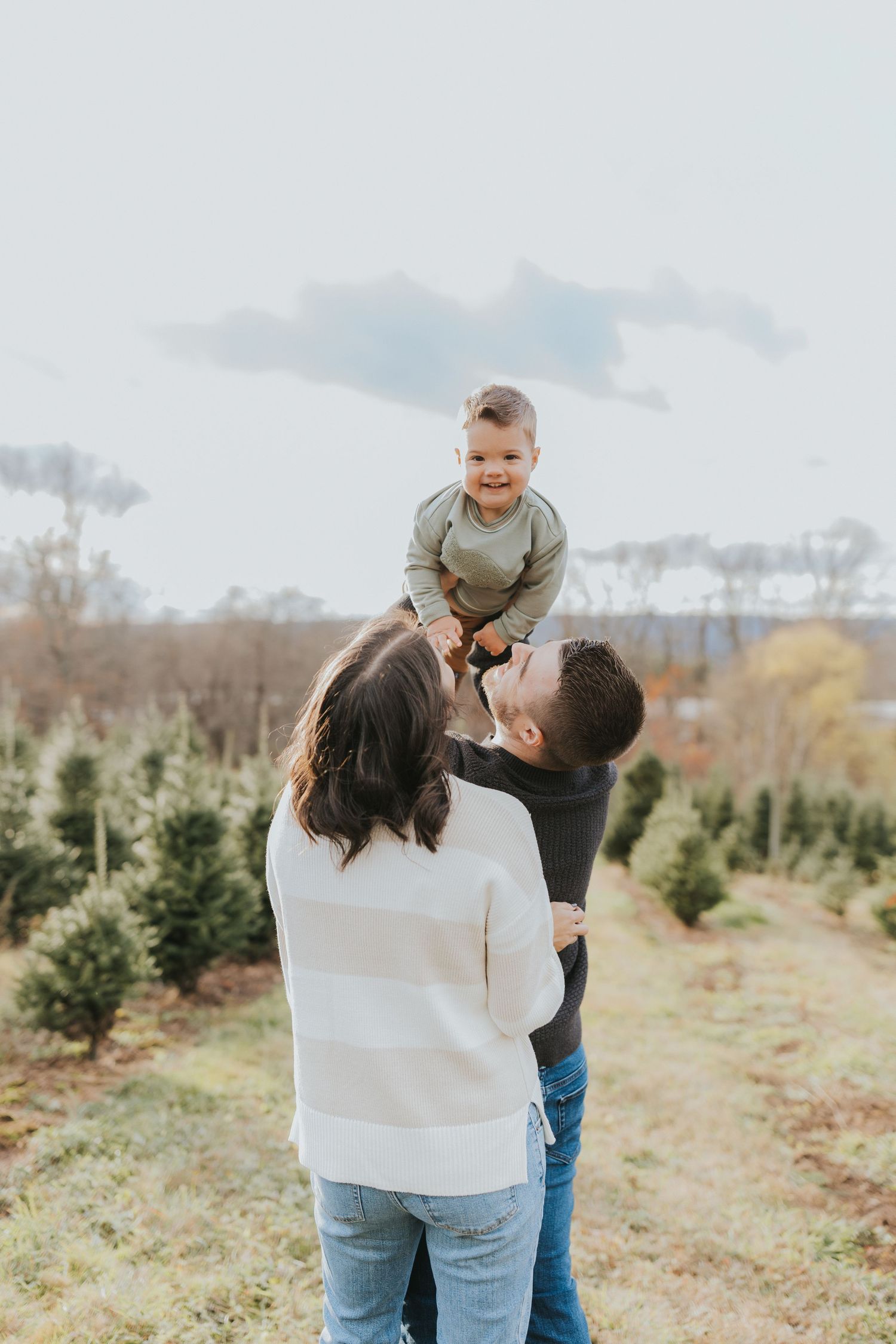 A father lifts his laughing baby boy into the air at a Christmas tree farm while mom watches lovingly.