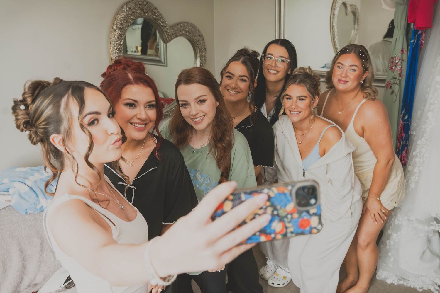 a bridal party take a selfie while getting ready in Greater Manchester