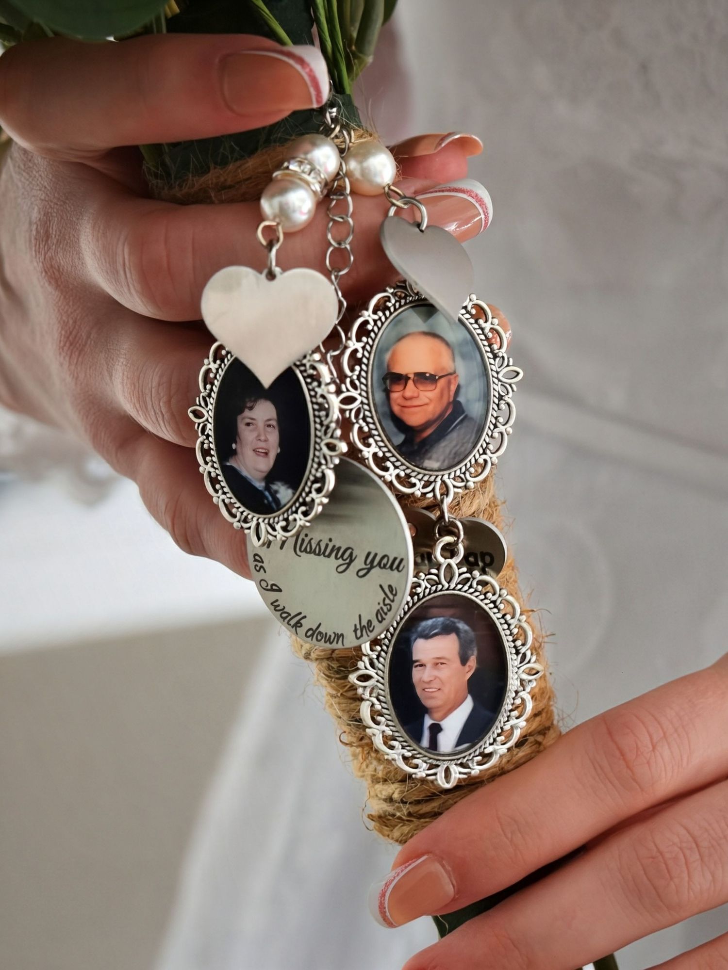 Bridal bouquet charm featuring vintage photo pendants and pearls with a missing you sentiment for wedding day.