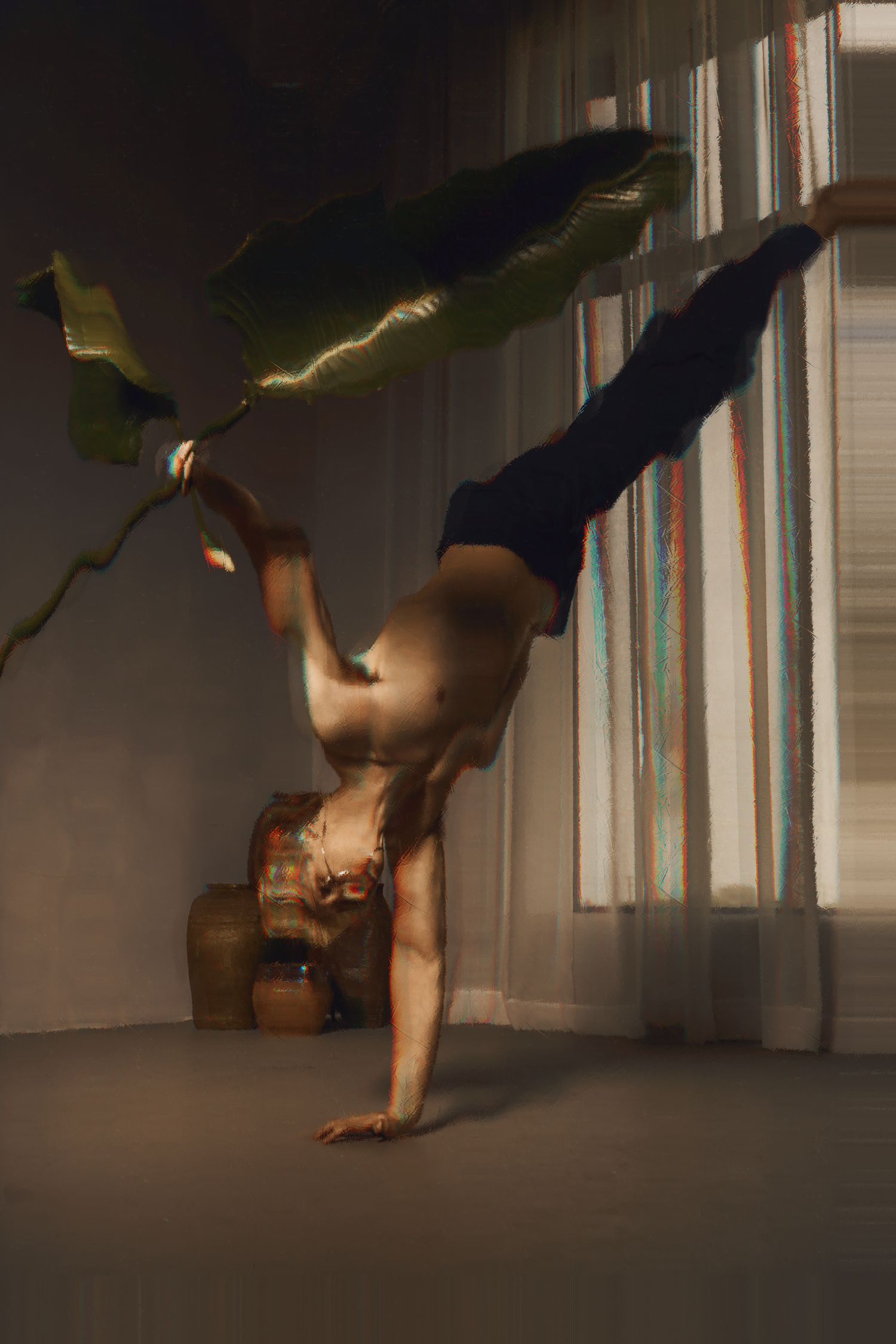 Person performing a one-arm handstand beside a tropical plant near a curtained window.