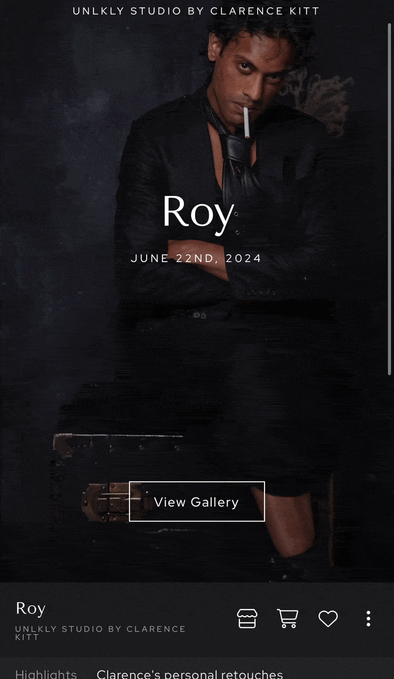 Unlkly Studio by Clarence Kitt portfolio page featuring Roy, a dramatic dark-toned portrait from June 2024.