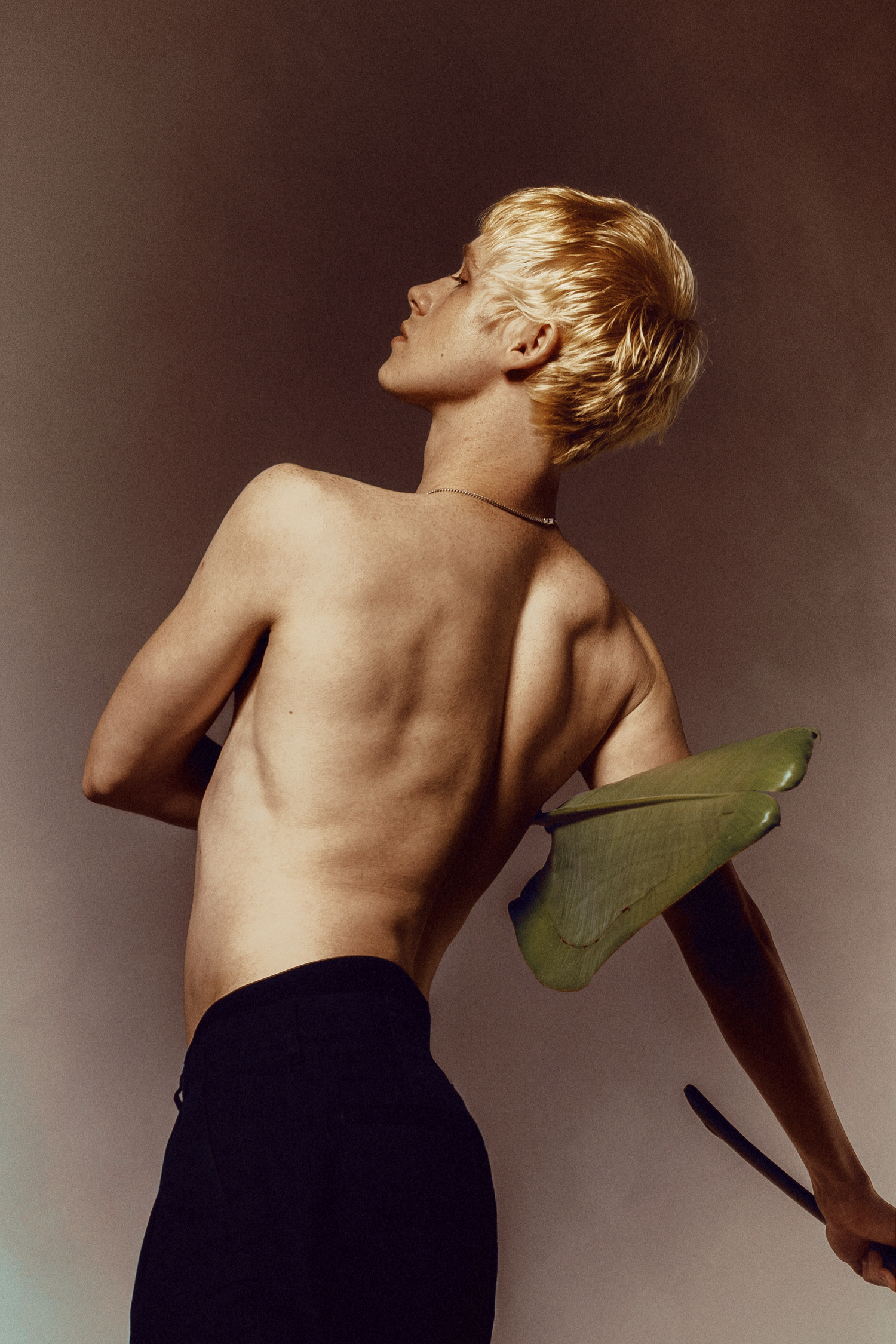 A shirtless blonde male model holds a large green tropical leaf behind his back in an artistic studio pose.