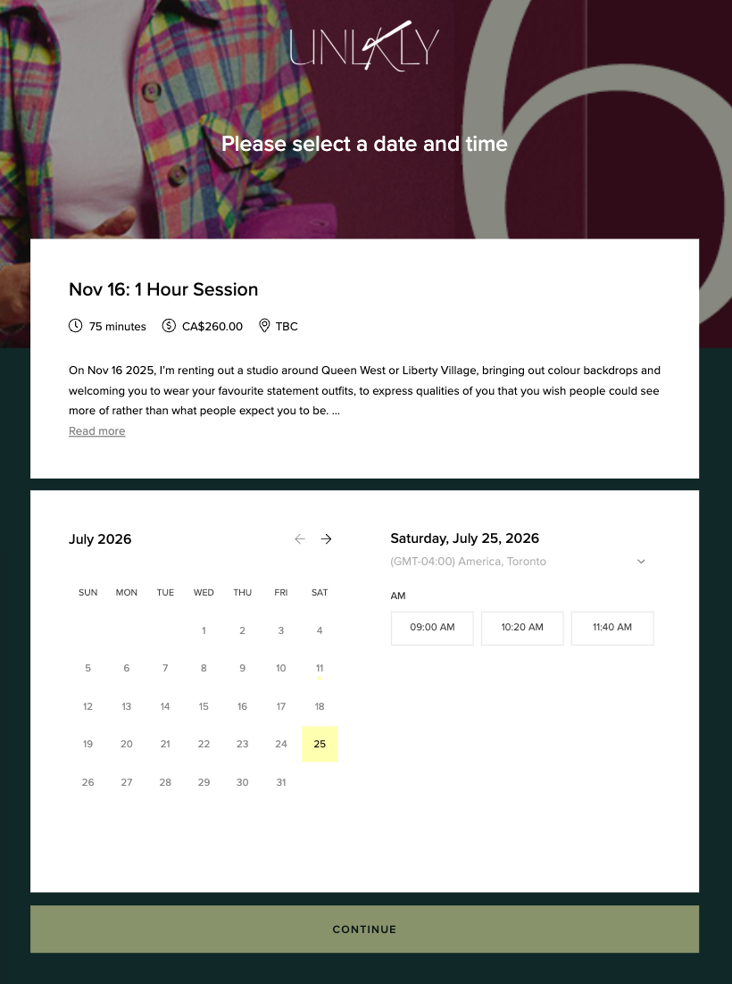 Unlkly photography booking page showing date and time selection calendar for a 1-hour studio session.