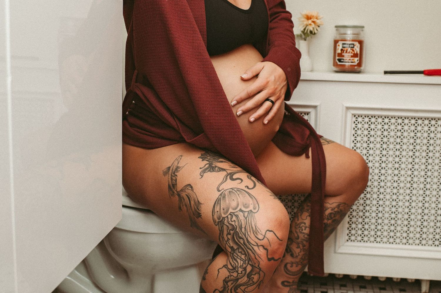 Birthing mother taken a quiet moment in her bathroom at her Norfolk, Virginia home.