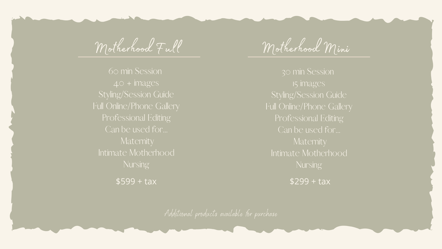 Motherhood sessions price sheet for photographer in Hampton Roads, Virginia.