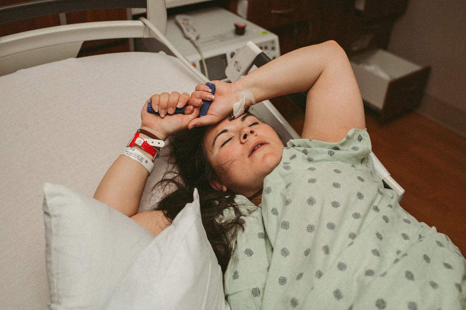 Laboring mother breathing through an intense contraction at a hospital in Newport News, Virginia.