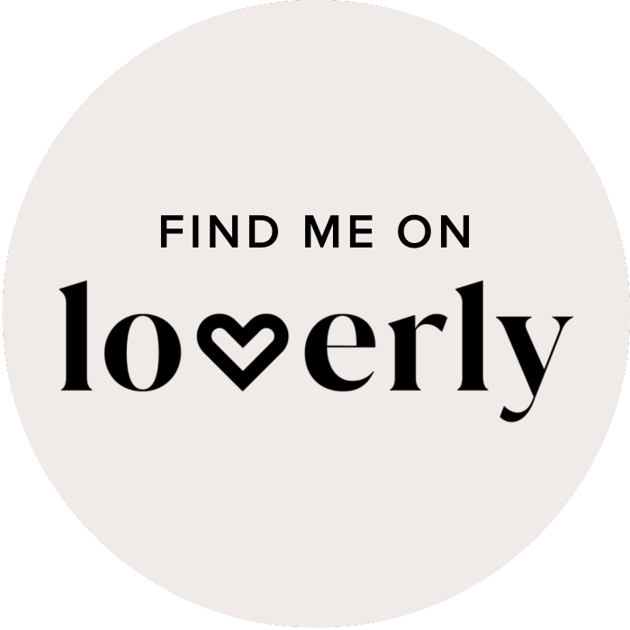 Find me on Loverly wedding planning platform logo badge in black and white.