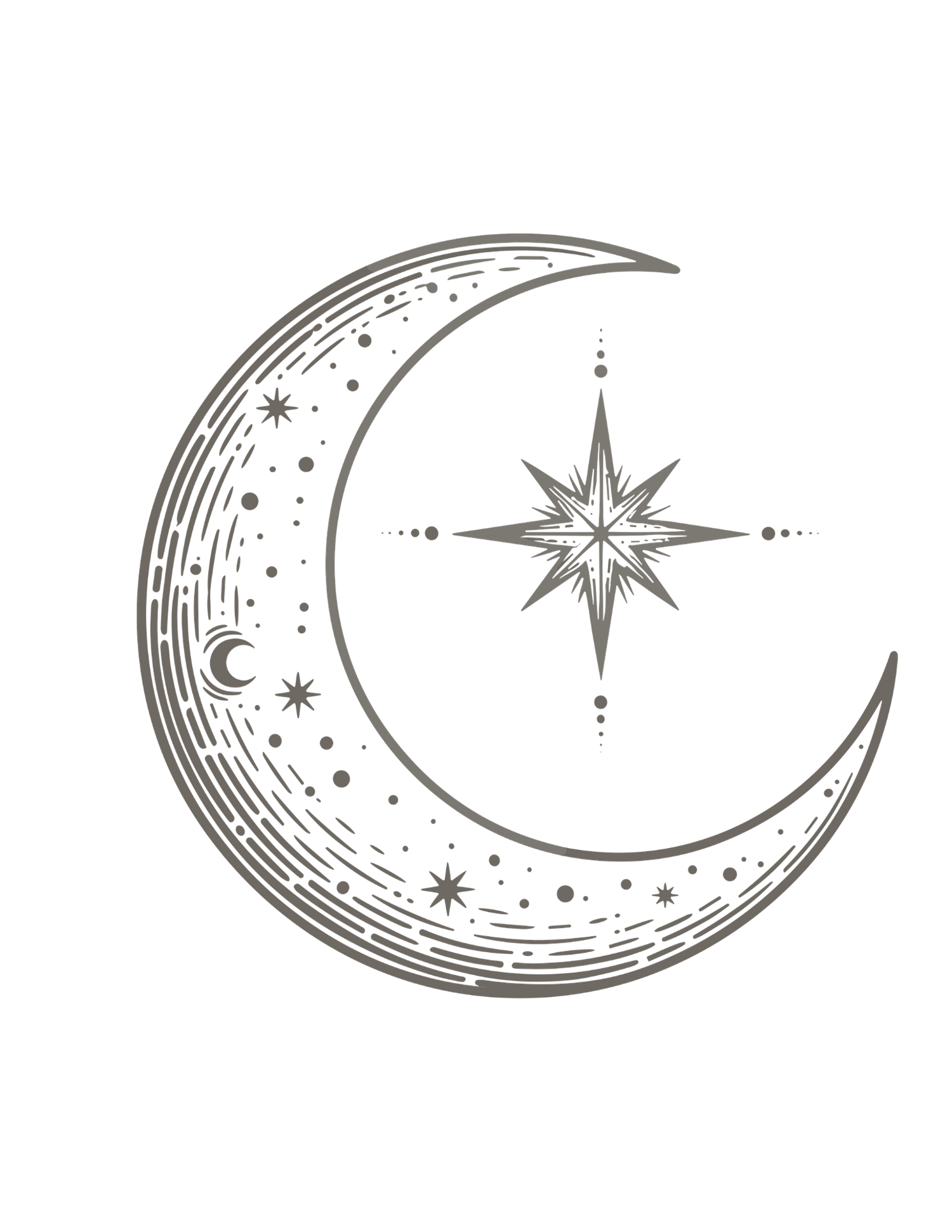 Detailed gray crescent moon illustration with star map dots and ornate eight-pointed compass star on white background.