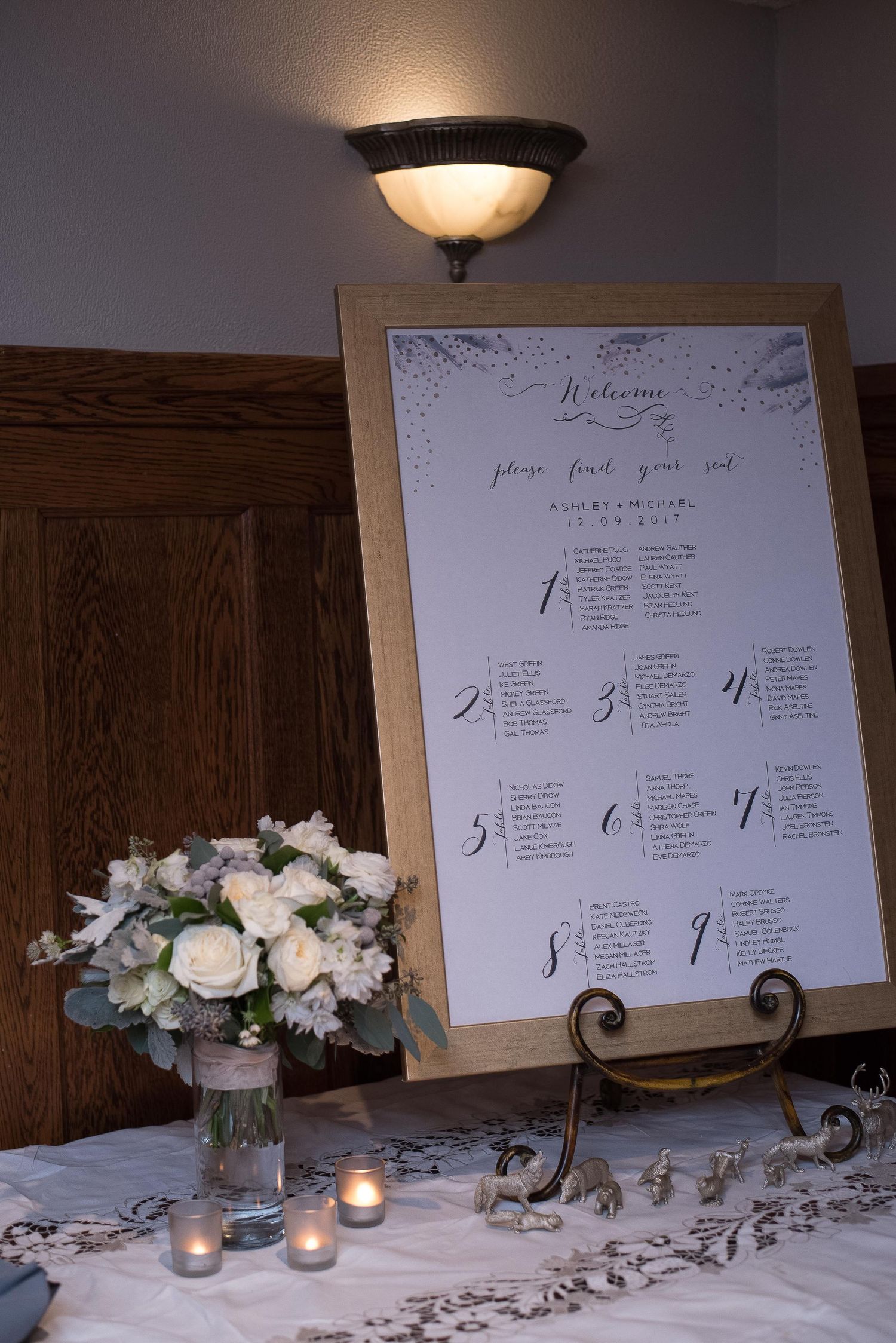Wedding seating chart display on easel with white floral arrangement and candles on decorated table.