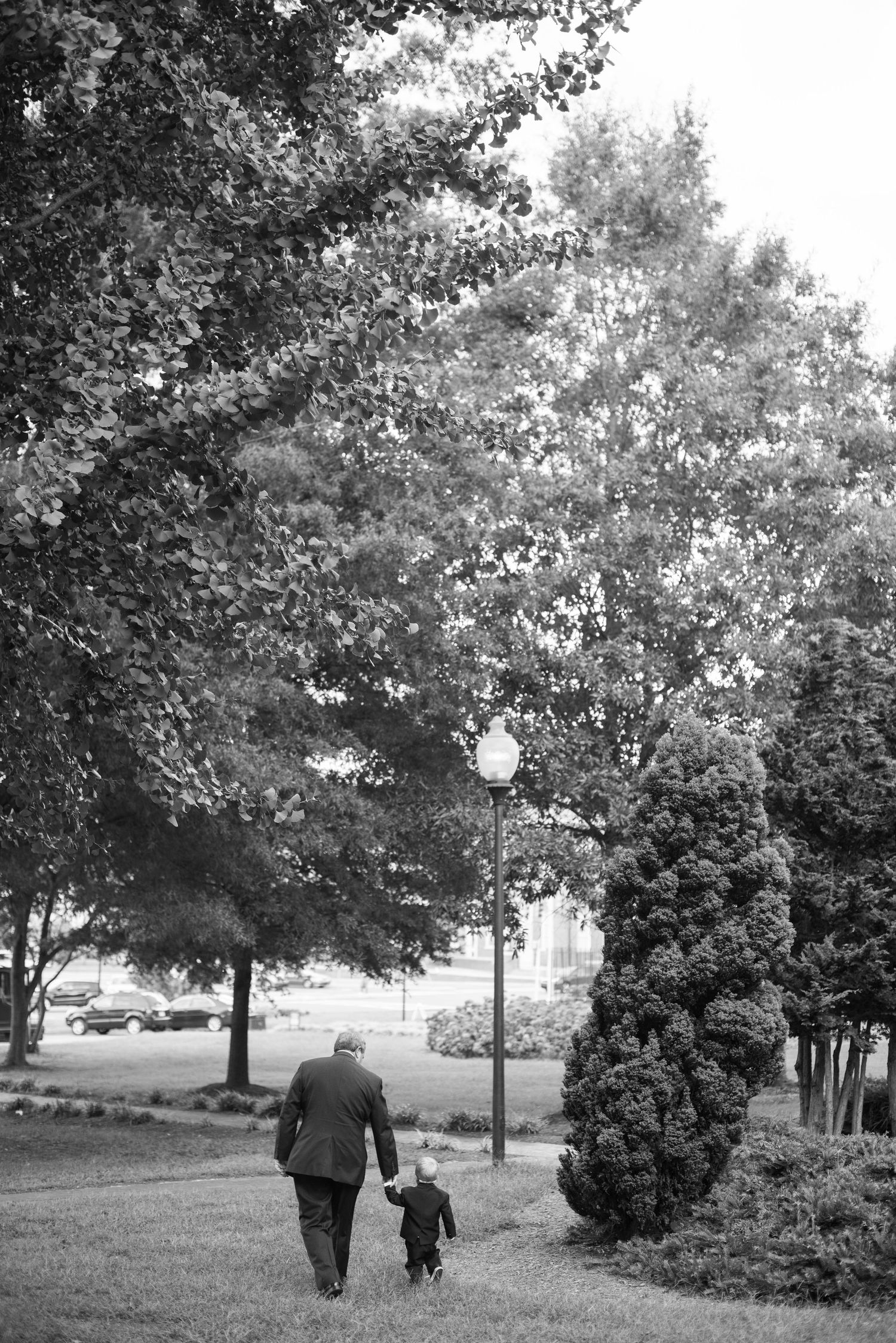 An elderly man walks hand-in-hand with a small child through a tree-lined park in a black and white photo.