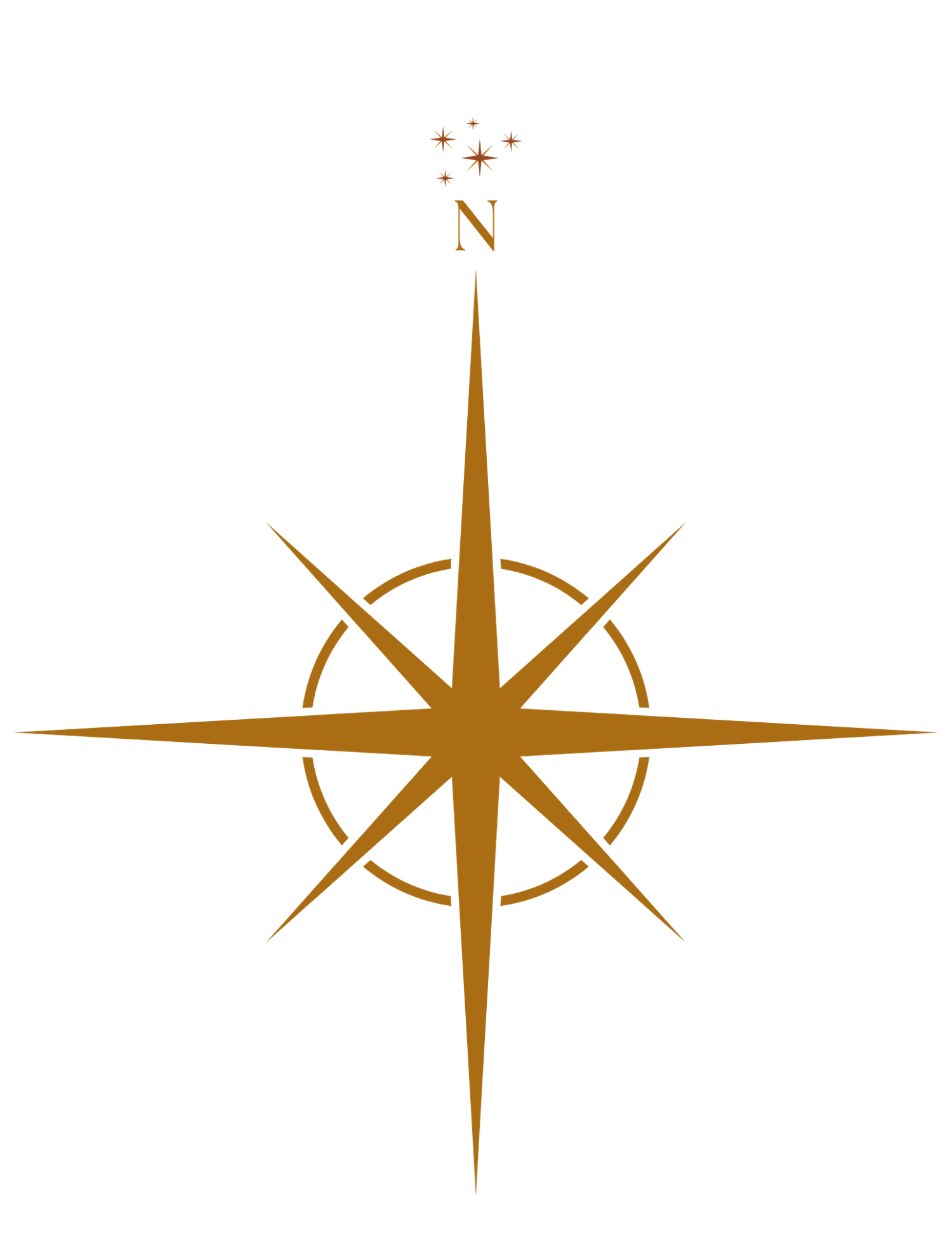 Ornate gold eight-pointed compass rose with sparkle north indicator and geometric directional points on white.
