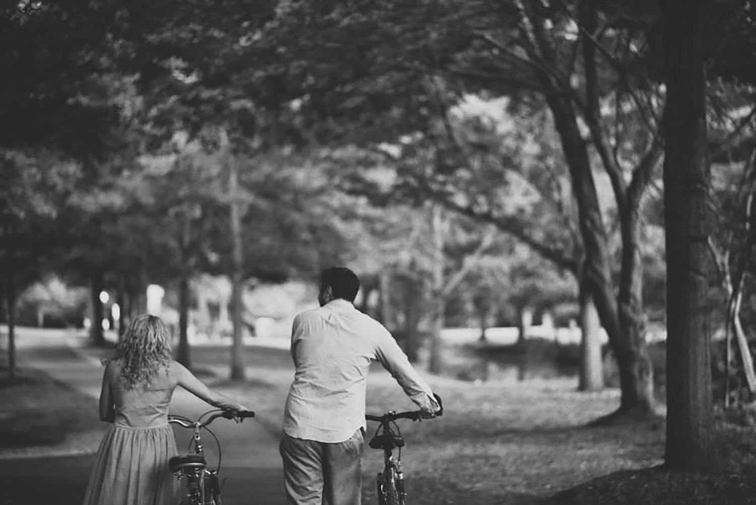 Black and white photo of a couple walking bicycles through a tree-lined park path.