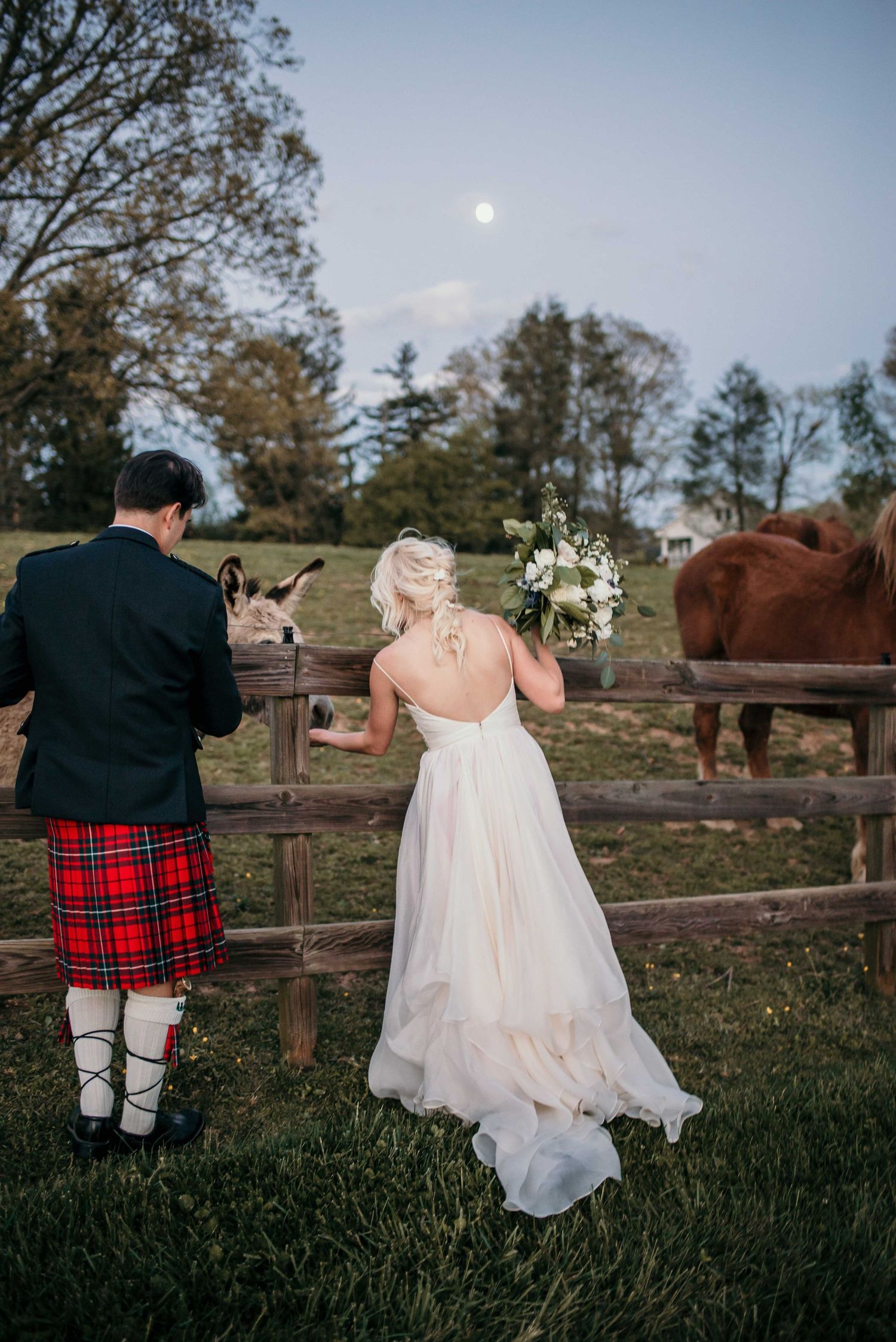Bride in white gown and groom in Scottish tartan kilt walk toward horse fence under full moon at rustic farm wedding.