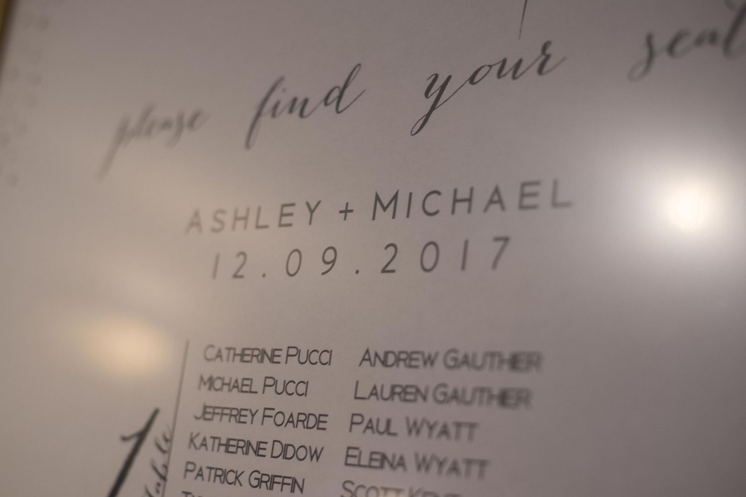 Wedding seating chart sign for Ashley and Michael dated 12.09.2017 listing guest names at elegant reception.