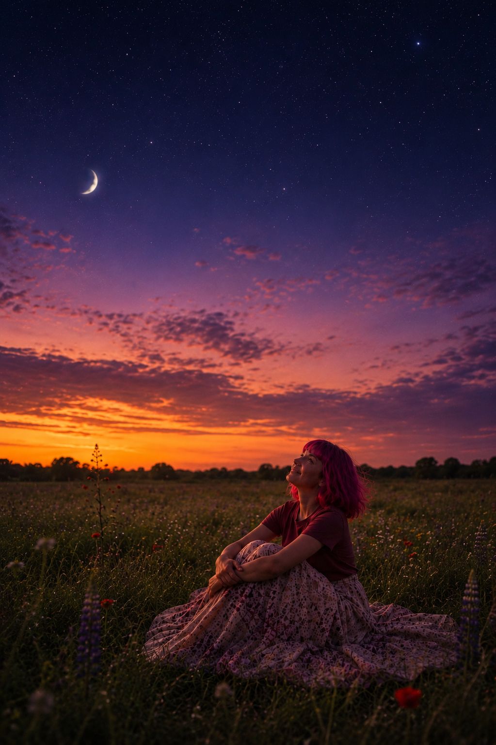 Woman in floral skirt sits in wildflower field gazing at crescent moon during vibrant purple and orange sunset.