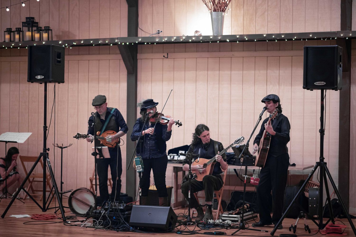 Four-piece folk band performing live on stage with violin, guitar, and bass in a rustic wood-paneled venue.