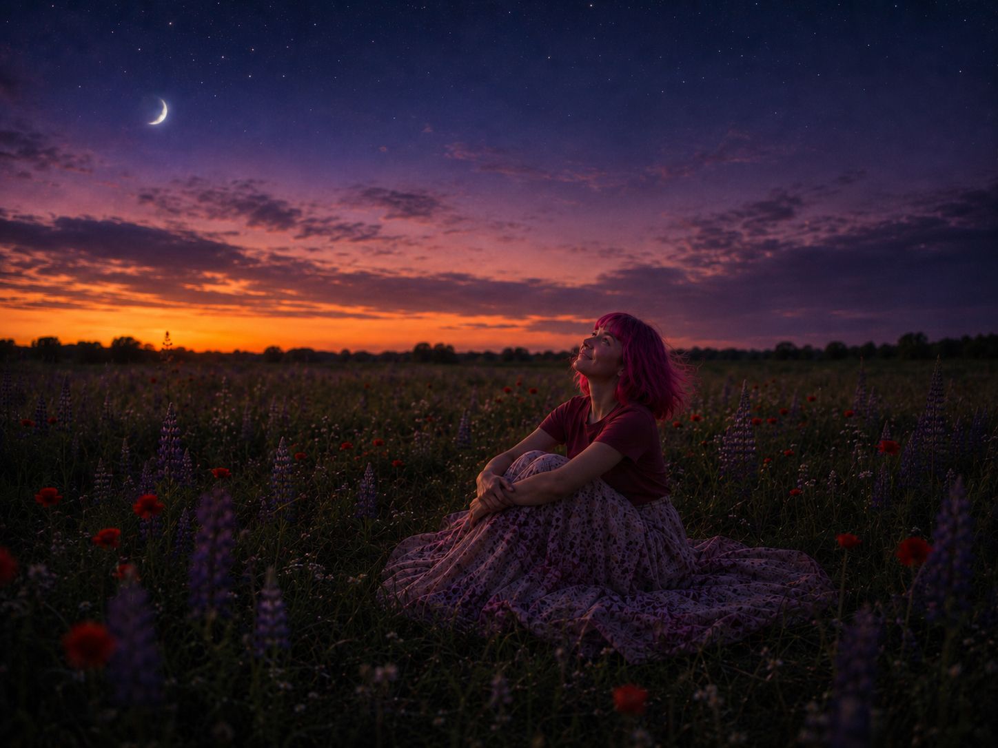 Woman sitting in a wildflower field at twilight under a crescent moon and starry purple sunset sky.