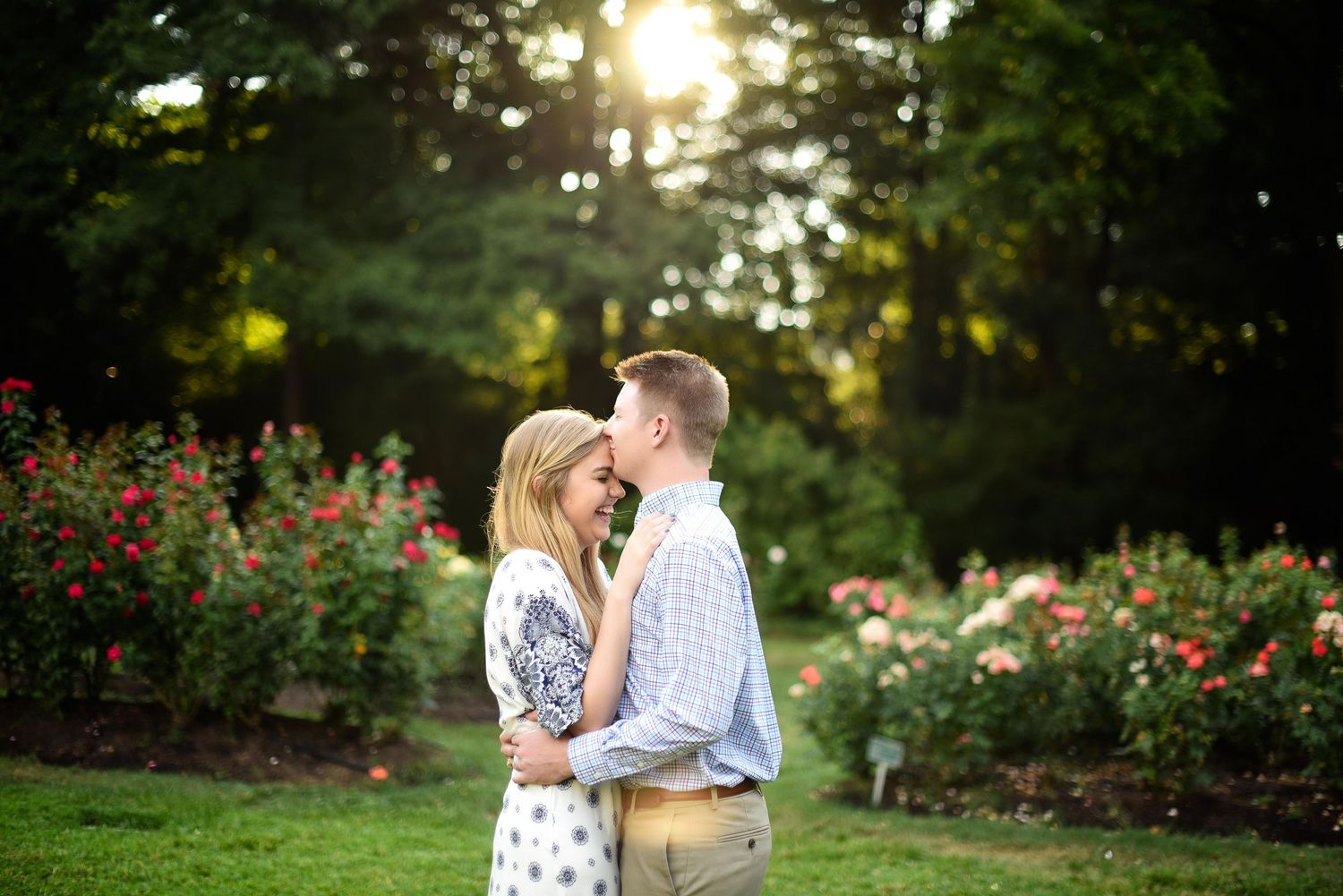 Couple embracing in a sunlit rose garden, sharing a romantic moment surrounded by lush greenery and colorful blooms.