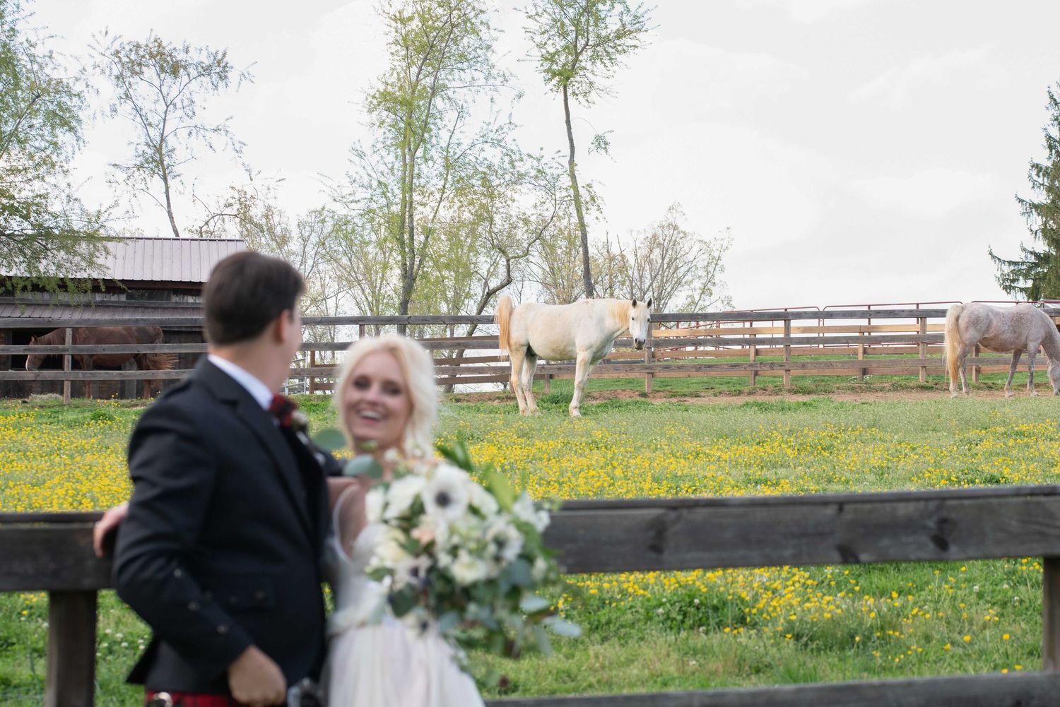 Bride and groom smile together in front of a wooden fence with white horses grazing in a green flower-filled pasture.