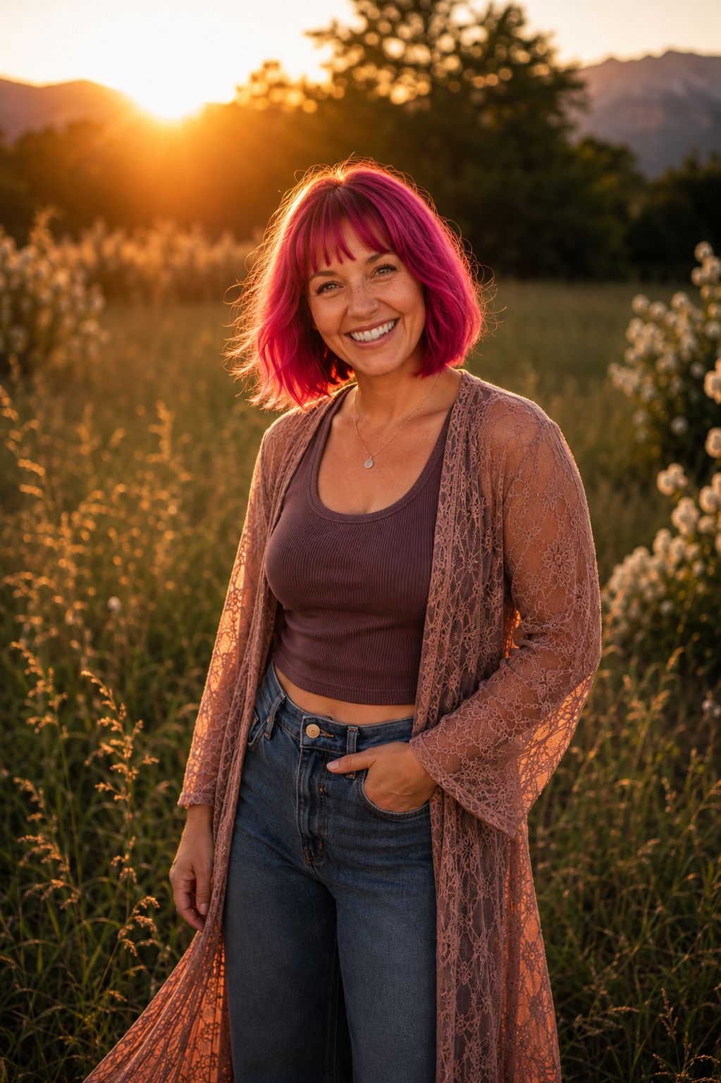 Woman with pink hair smiling in a sunlit field at golden hour, wearing jeans and a lace cardigan.