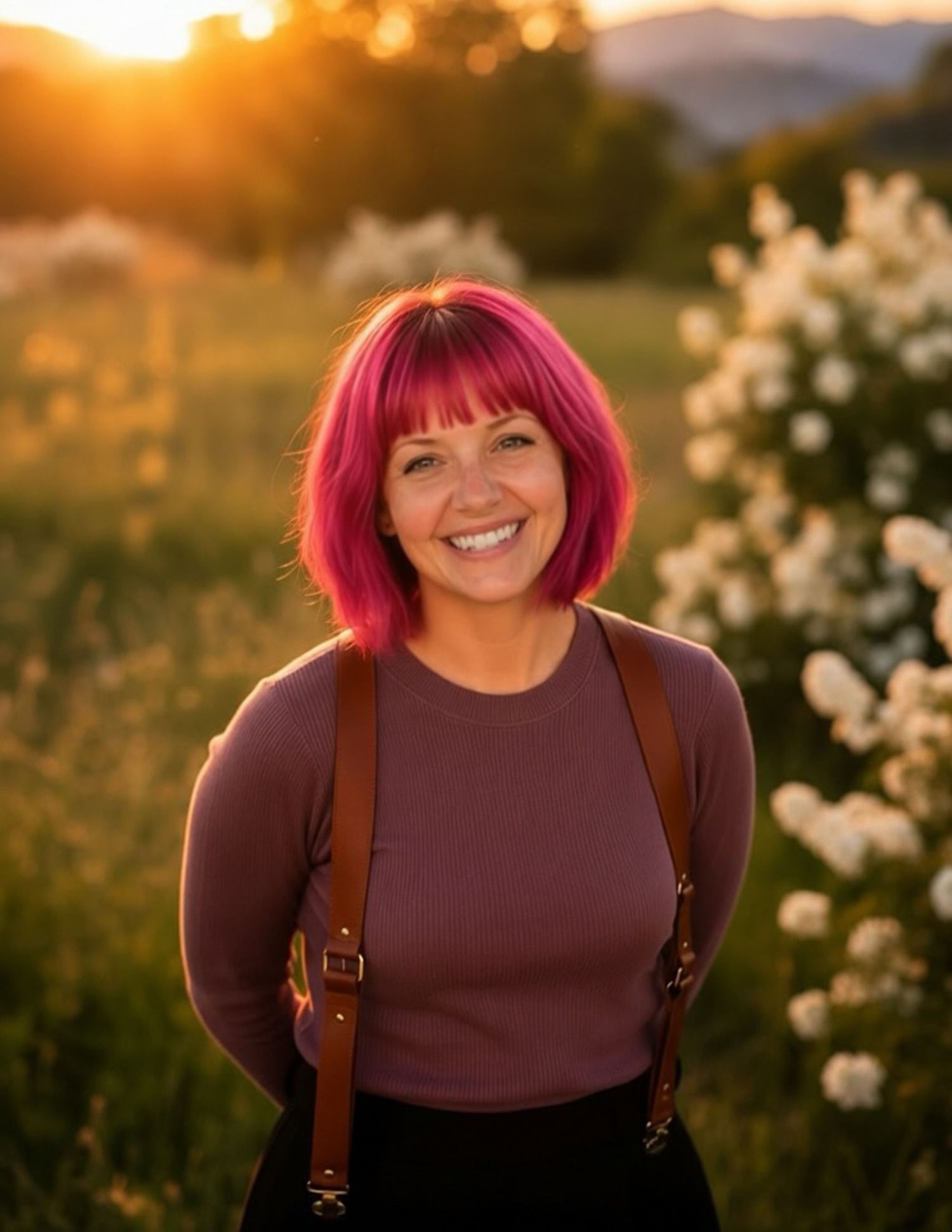 Smiling woman with vibrant pink bob haircut wearing suspenders in a golden sunset meadow with white flowers.